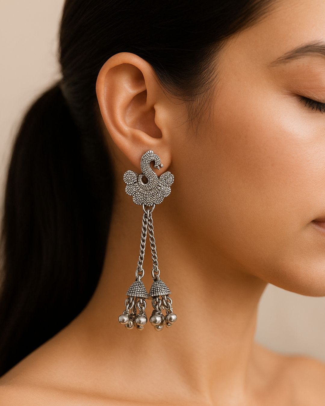 Oxidised Peacock Chain Earrings